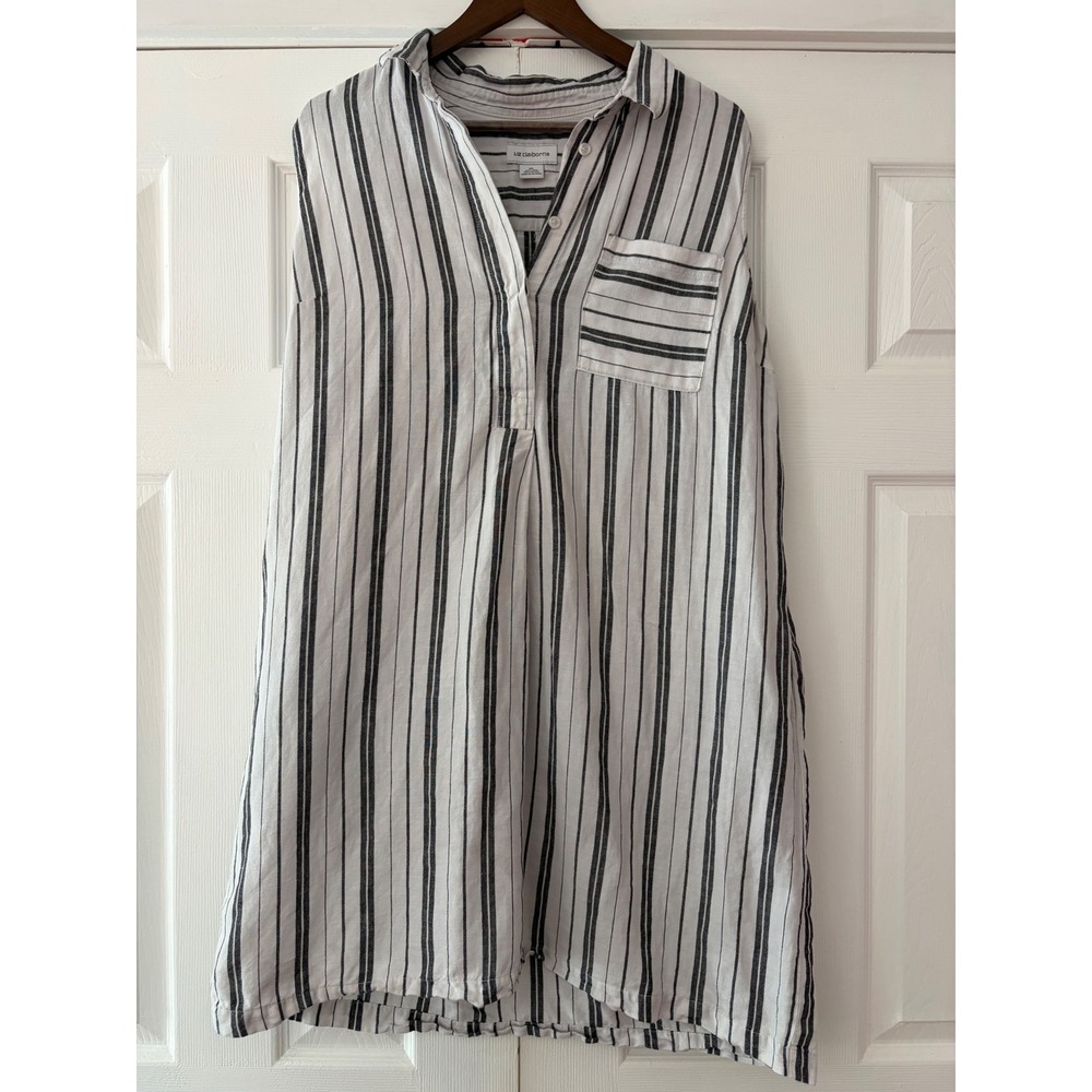 Liz Claiborne Womens XL Linen Cotton Striped Sleeveless Tunic Shirt Pocket Black